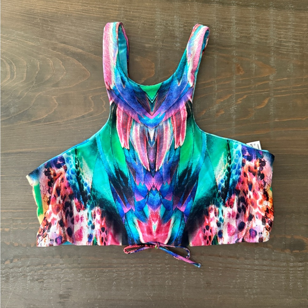 Luli Fama Sleeveless Green and Purple Tie Front Crop Tank